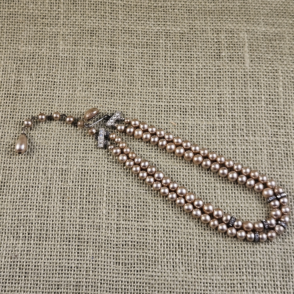 Vintage 1940s Double-Strand Rose Gold Pearl Necklace with Rhinestone Accents